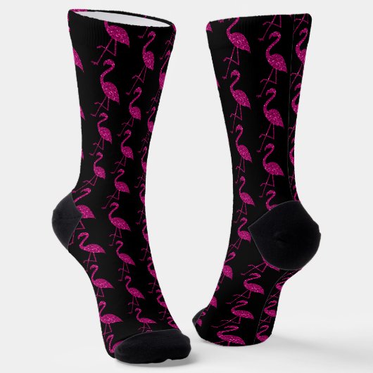 Glitterende flamingo Roze glitterpatroon zwart Sokken (Gebogen)