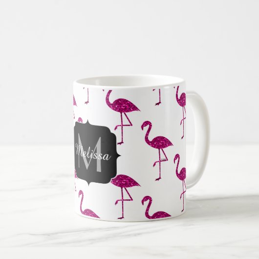 Glitterende flamingo Roze glitters patroon Monogra Koffiemok (Voorkant rechts)