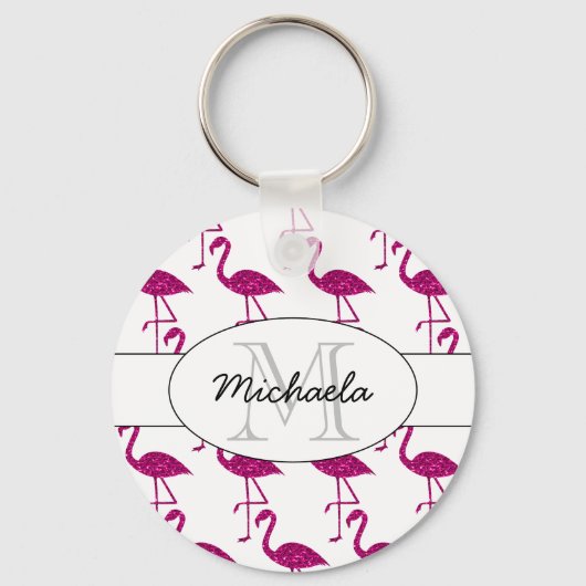 Glitterende flamingo Roze glitters patroon Monogra Sleutelhanger (Voorkant)