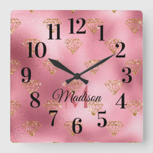 Glitterende Fonkelende Blush Roze Gouden Monogram Vierkante Klok