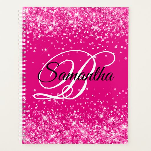Glitterende Fonkelende Heet Roze Fantasie Monogram Planner (Voorkant)