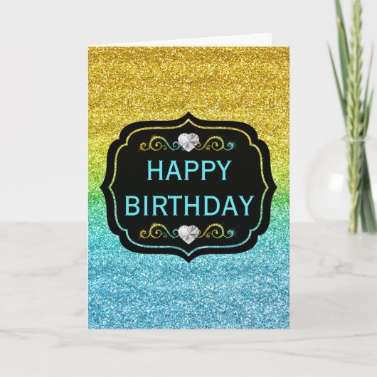 Glitterende gele en blauwe verloop glitters verjaa kaart (Voorkant)