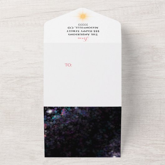 Glitterende gepersonaliseerde gezinsfoto's kerstka all in one uitnodiging (Buitenkant)