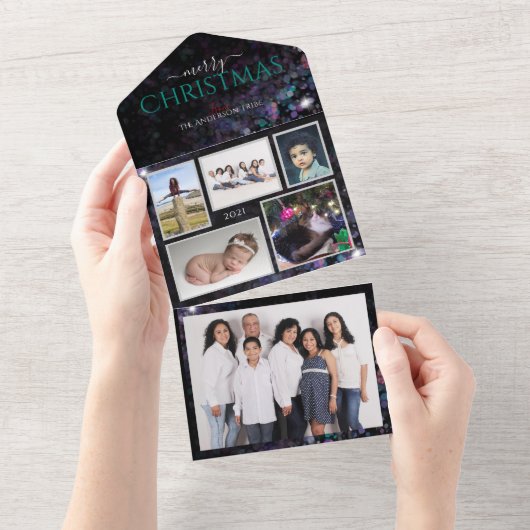 Glitterende gepersonaliseerde gezinsfoto's kerstka all in one uitnodiging (Afscheurbaar)