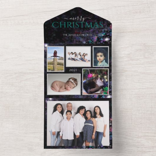 Glitterende gepersonaliseerde gezinsfoto's kerstka all in one uitnodiging (Binnen)