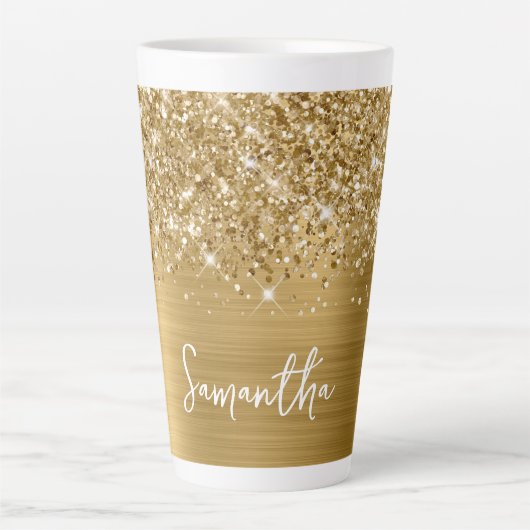 Glitterende Glanzende Gouden Glam Naam Latte Mok (Voorkant)