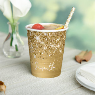 Glitterende Glanzende Gouden Glam Script Naam Papieren Bekers