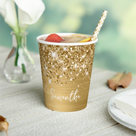 Glitterende Glanzende Gouden Glam Script Naam Papieren Bekers (Insitu)