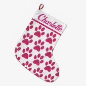 Glitterende Glitter Roze Pootafdrukken op Wit Grote Kerstsok (Voorkant (Hangend))