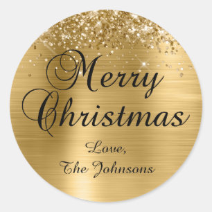 Glitterende Goud Folie Prettig Kerstmis Familie Ronde Sticker