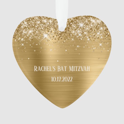 Glitterende Gouden Folie Bat Mitzvah Hart Ornament (voorkant)