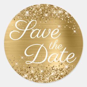 Glitterende Gouden Folie Elegante Bewaar de Datum Ronde Sticker