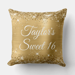 Glitterende Gouden Folie Glam Sweet 16 Grote Kussen