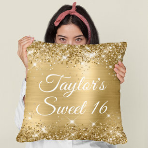 Glitterende Gouden Folie Glam Sweet 16 Grote Kussen