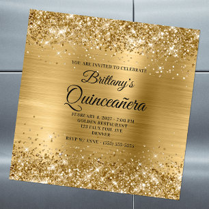 Glitterende Gouden Folie Quinceañera Magnetische Uitnodiging
