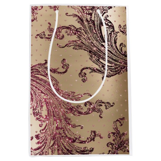 Glitterende Gouden Glam Bourgondië Harten Bruiloft Medium Cadeauzakje (Voorkant)