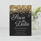 Glitterende Gouden Glans Zwarte Elegante Calligraf Save The Date (Staand voorkant)