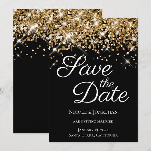 Glitterende Gouden Glans Zwarte Elegante Calligraf Save The Date (Voorkant / Achterkant)