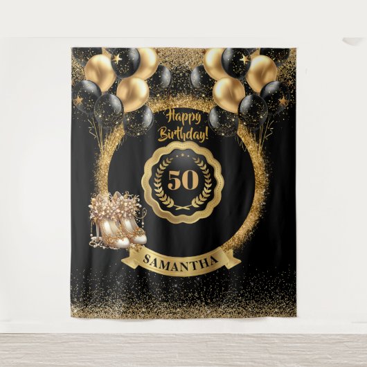 Glitterende Gouden Hoge Hakken 50e Verjaardag Deco Wandkleed (Voorkant)