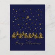 Glitterende gouden kerstboom, maan, sterren op bla