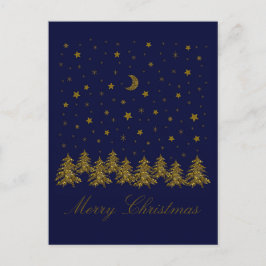 Glitterende gouden kerstboom, maan, sterren op bla feestdagenkaart