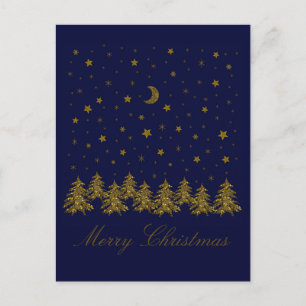 Glitterende gouden kerstboom, maan, sterren op bla feestdagenkaart