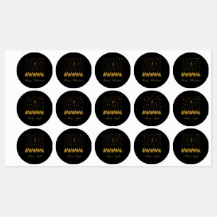 Glitterende gouden kerstboom, maan, sterren op zwa labels