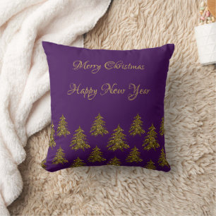 Glitterende gouden kerstboom op paarse Kerst Kussen