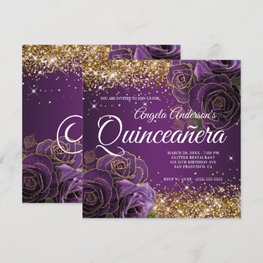 Glitterende gouden paarse roos Quinceañera Kaart (Voorkant / Achterkant)