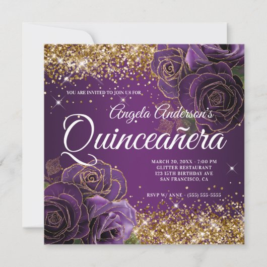 Glitterende gouden paarse roos Quinceañera Kaart (Voorkant)