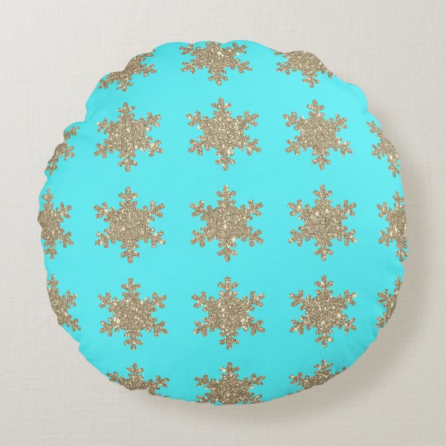 Glitterende Gouden Sneeuwvlokken Patronen Turquois Rond Kussen (Voorkant)