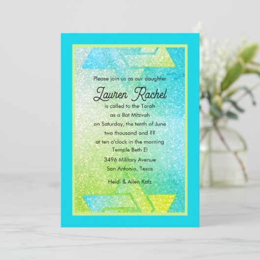 Glitterende Gradiënt Bat Mitzvah Turquoise Lime Ui Kaart (Staand voorkant)