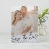Glitterende grijs chic trouwfoto save the date kaart (Staand voorkant)