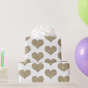 Glitterende Hart Patronen Goud Wit Glans Cadeaupapier