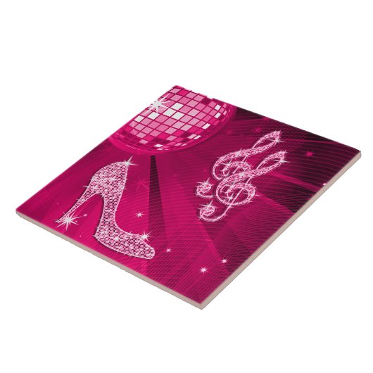 Glitterende Heet Roze Muzieknote & Stiletto Hak Tegeltje (Zijkant)