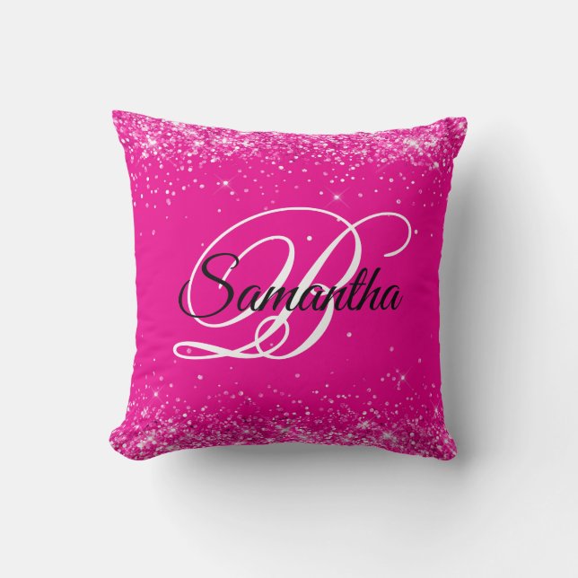 Glitterende hete roze fancy monogram kussen (Voorkant)