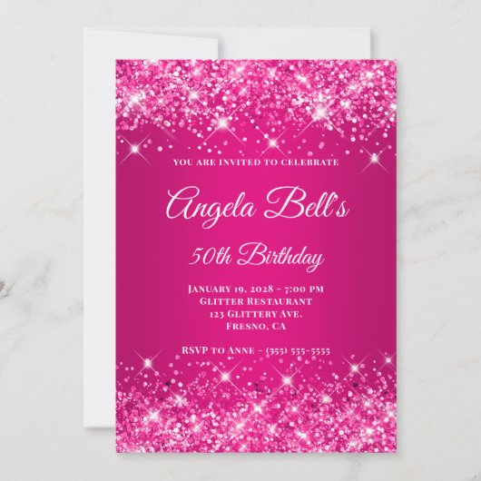 Glitterende hete roze framboosmonogram 50ste verja kaart (Voorkant)
