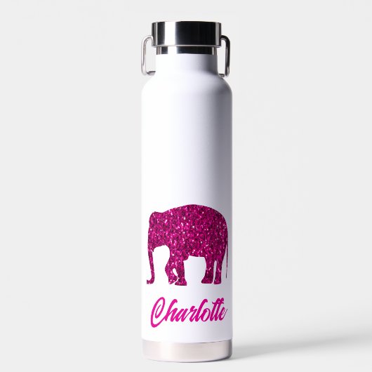 Glitterende hete roze Olifant Aangepaste naam Waterfles (Voorkant)