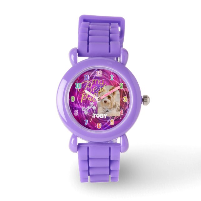 Glitterende huisdier hond foto mangenta horloge (Voorkant)