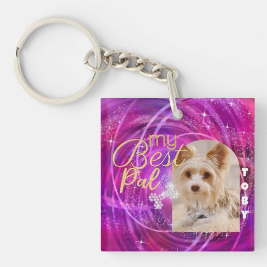 Glitterende huisdier hond foto mangenta sleutelhanger (voorkant)