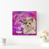 Glitterende huisdier hond foto mangenta vierkante klok (Huis)