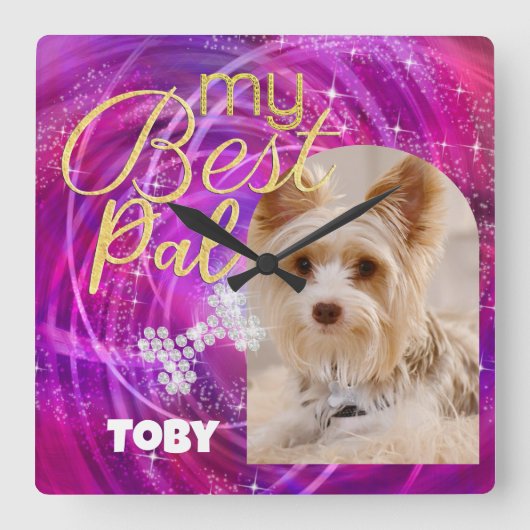 Glitterende huisdier hond foto mangenta vierkante klok (Voorkant)
