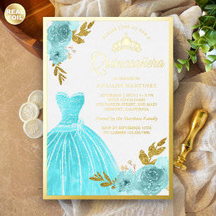 Glitterende jurk Aqua Blauwe Bloemige Quinceanera  Folie Uitnodiging