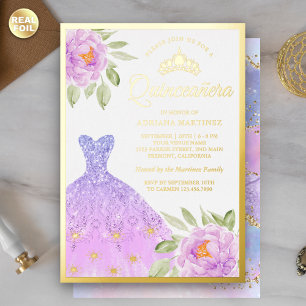 Glitterende jurk lila paarse bloemige Quinceanera Folie Uitnodiging