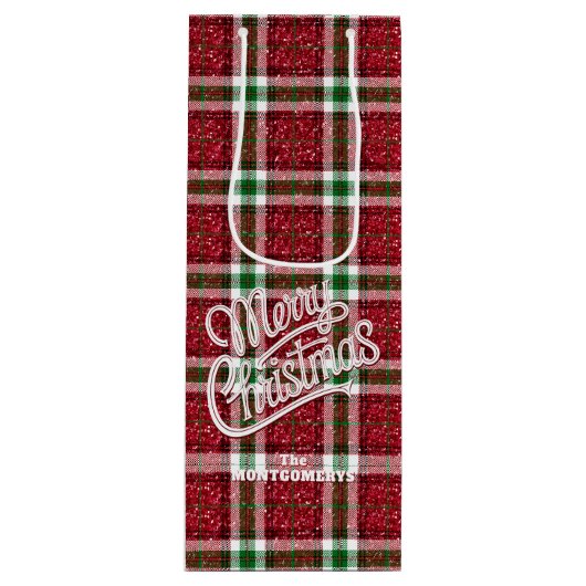 Glitterende Kerst Plaid Wijn Cadeautas (Voorkant)