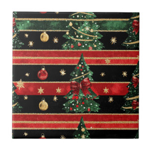 Glitterende Kerstboom - Rood Zwart Groen Gestreept Tegeltje