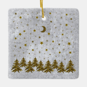 Glitterende kerstboom, sterren op abstract papier keramisch ornament