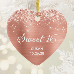 Glitterende Klassieke Roze Perzik Folie Sweet 16 F Keramisch Ornament