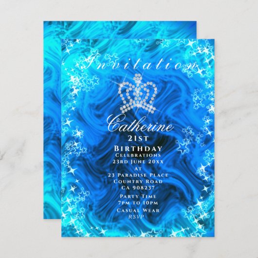 Glitterende Kroon Gradiënt Aqua Uitnodiging (Voorkant / Achterkant)