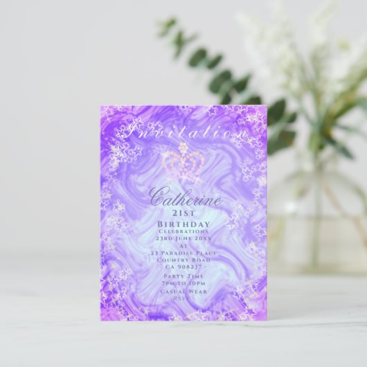 Glitterende Kroon Gradiënt Paarse Uitnodiging (Staand voorkant)